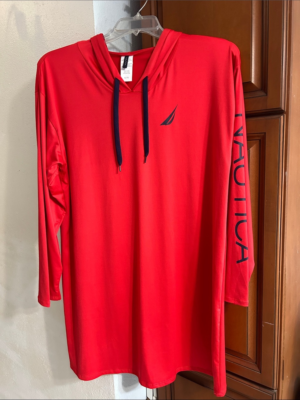 Nautica Red Long-Sleeve Swim Hoodie with Navy Accents